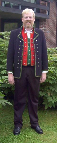 My <i>rented</i> Norwegian outfit worn to my parent's
   50th wedding anniversary in Øystese, Norway, 8 August 2003
